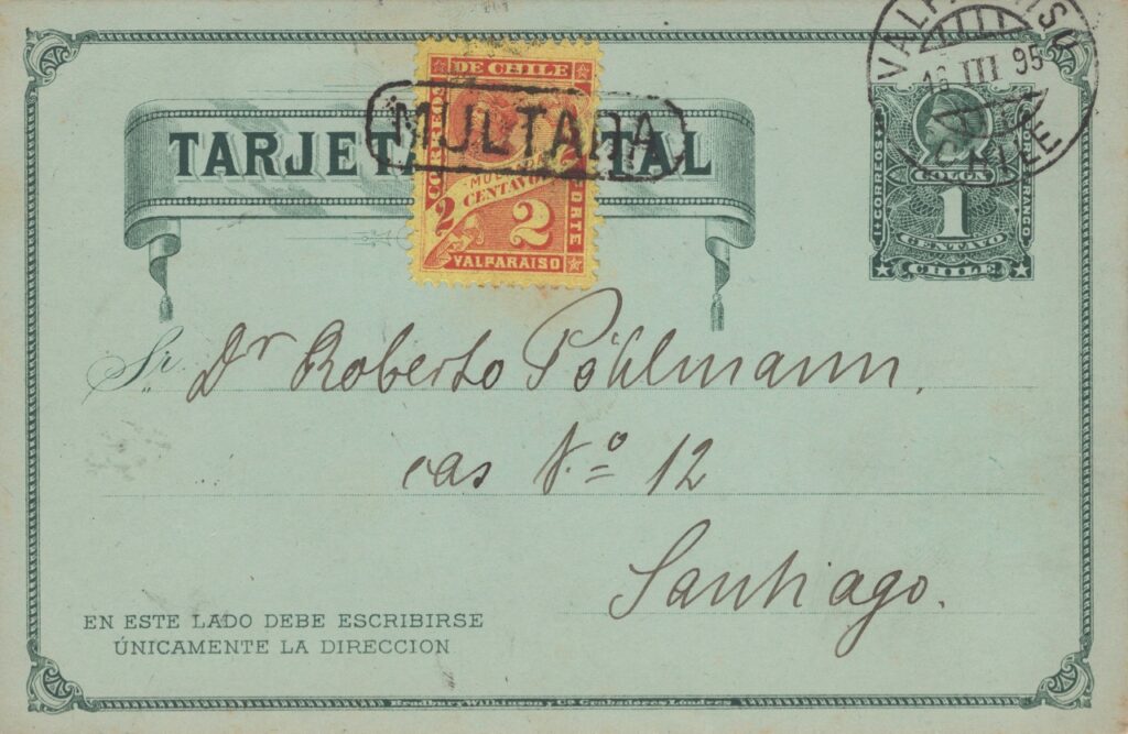 1895 uprated postcard from Valparaiso to Santiago with 'multada' overprint