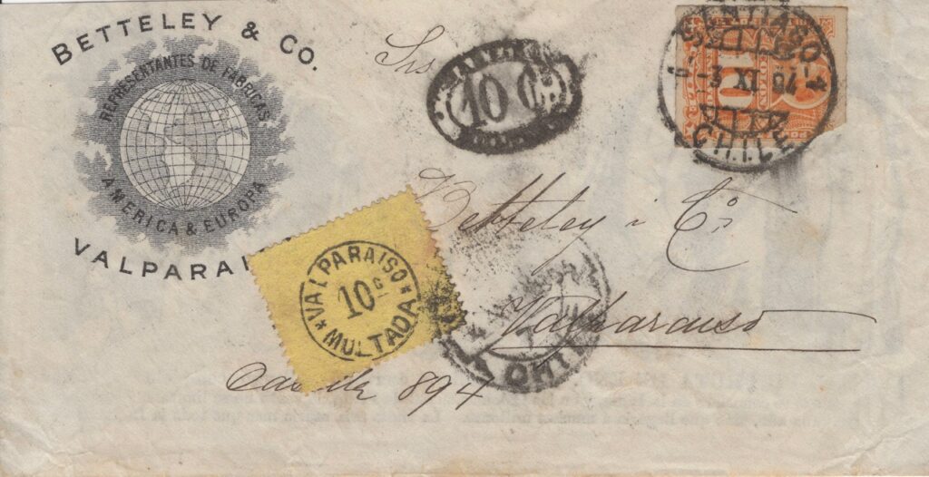 1894 letter from Santiago to Valparaiso, showing 10c due handstamp applied in Santiago and multada stamp applied on arrival in Valparaiso