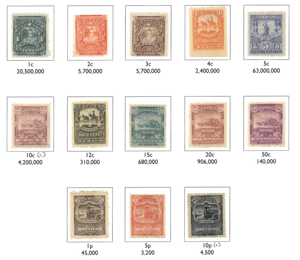 Complete set of the basic 'Mulitas' issue, showing estimated numbers sold