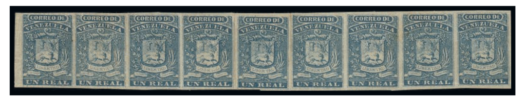 Venezuela 1859 1 Real blue, rejoined strip of nine. The largest known mint strip in private hands. Low estimate €7500