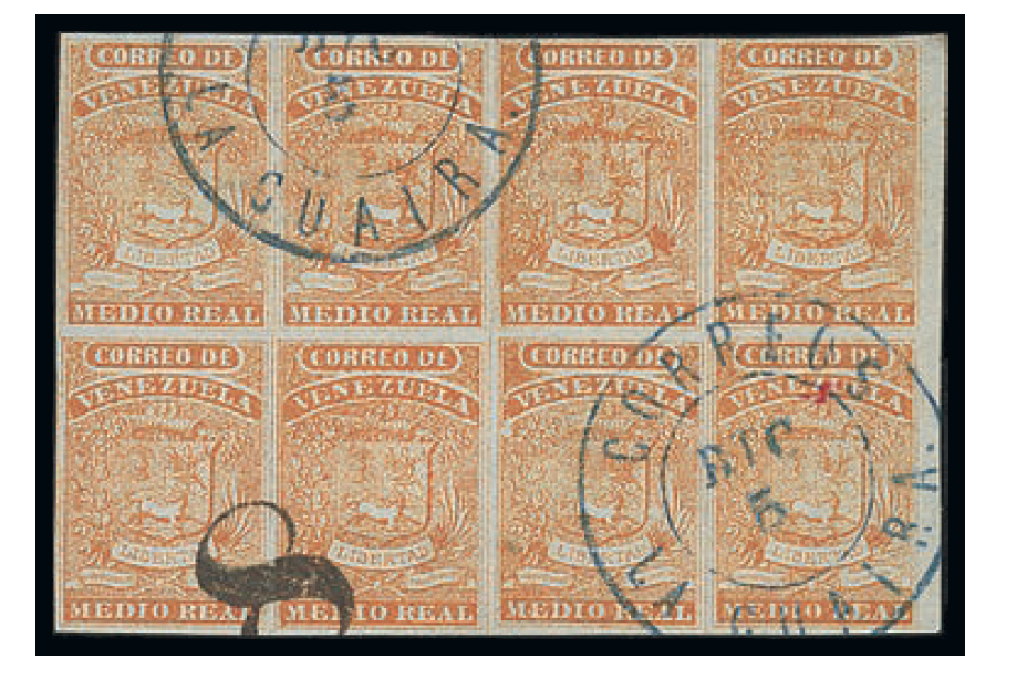 Venezuela 1861-62 Half Real orange, marginal block of eight. Low estimate of €2,500