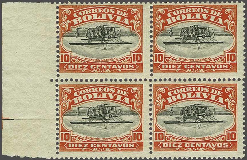 Bolivia National Aviation School 10c Inverted. A block of four from the Brian Moorhouse Part II sale