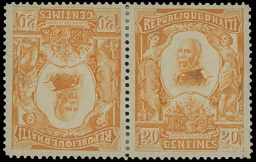 Haiti 1904 Nord Alexis 20c orange tête-bêche pair. From the Leo Malz auction, estimate $750-$1000
