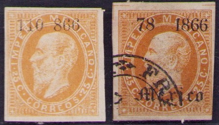 1866 Maximilian issue, with a genuine example on the left and a counterfeit on the right
