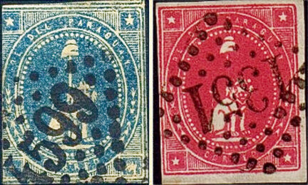 Examples of a false cancellation of a number surrounded by irreguar dots, here shown on the so-called 1860 Lion Essay forgeries of Paraguay.