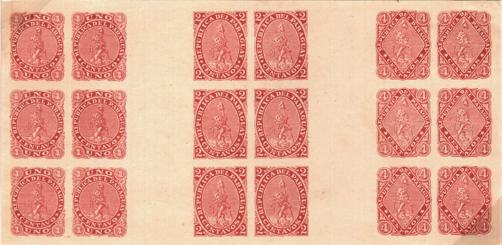 Paraguay 1881 issue - composite proof of transfer blocks of six, used to lay down the plate