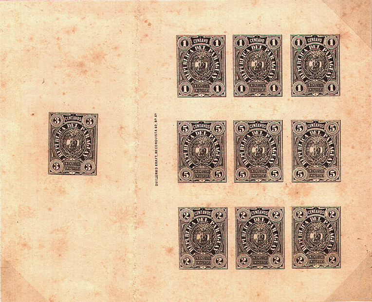 Paraguay 1884 issue - composite proof of transfer strips, plus a single 3c (used on postal stationery)