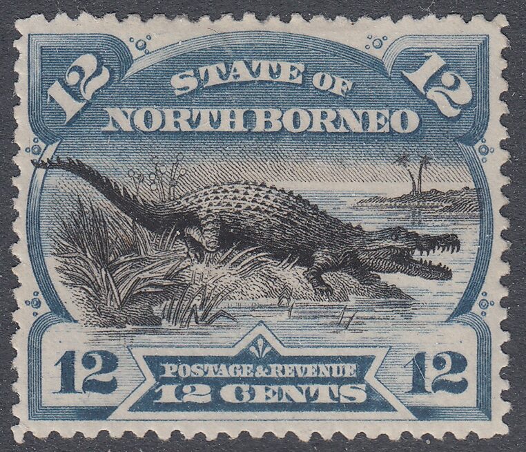 North Borneo's Estuarine Crocodile stamp from 1894. Robson Lowe was not impressed by Waterlow's efforts...