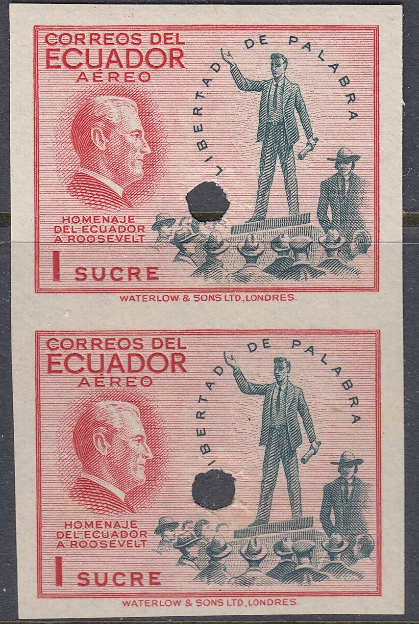 Ecuador 1948 Four Freedoms 1 Sucre Plate Proof Pair